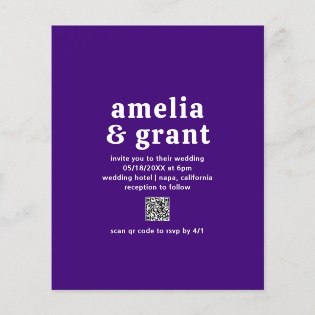 Amelia Royal Purple Modern Wedding Invitation Flyer (Front)
