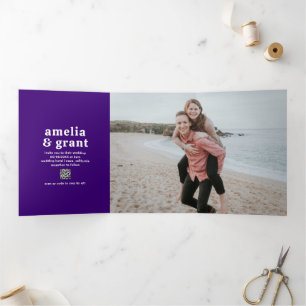 Amelia Royal Purple Modern Wedding Tri-Fold Invitation