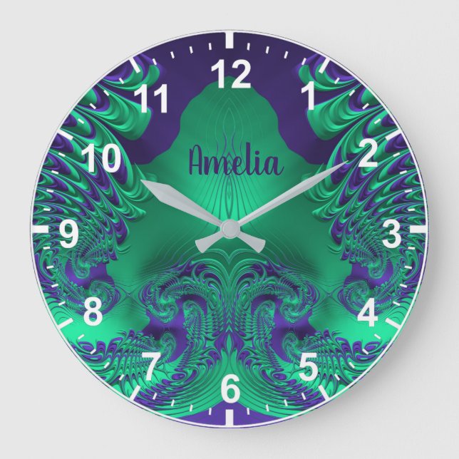 AMELIA ~ WOW! Fractal Pattern Green and Purple ~  Large Clock (Front)