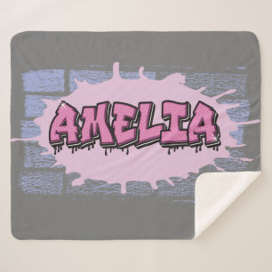 AMELIA Your Name Girls Pink Graffiti Hip Hop Sherpa Blanket