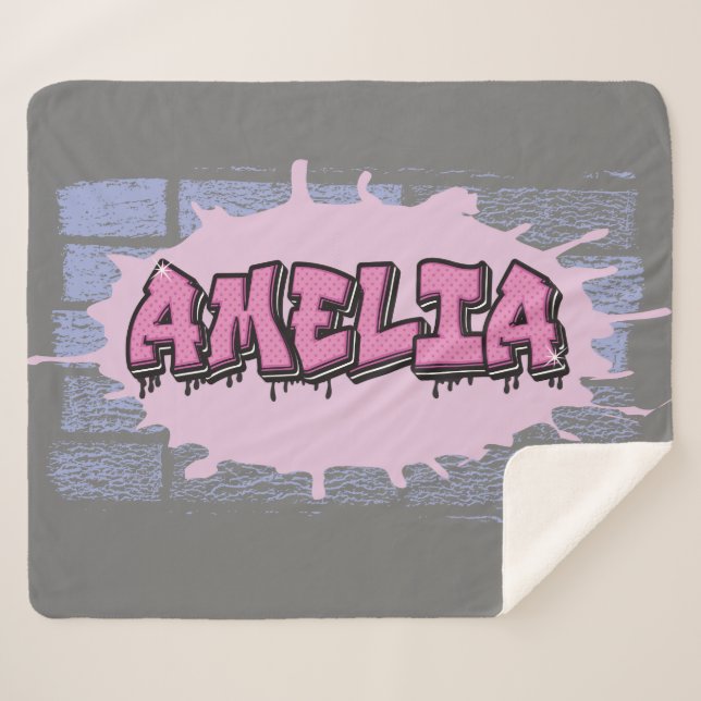 AMELIA Your Name Girls Pink Graffiti Hip Hop Sherpa Blanket (Front (Horizontal))