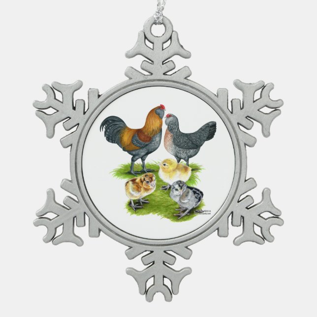 Ameraucana Chicken Family Snowflake Pewter Christmas Ornament (Front)