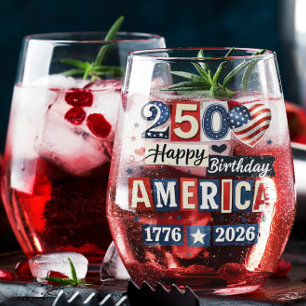 America 250 Happy Birthday 4th July 2026 Stemless Wine Glass
