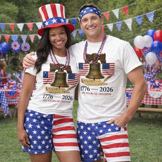 America 250 Liberty Bell Unisex T-Shirt (Couple wearing matching America 250 Liberty Bell T-shirts perfect for America's birthday )