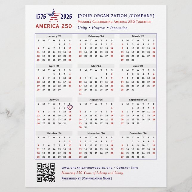 America 250 Patriotic 2026 Calendar Keepsake Flyer (Front)