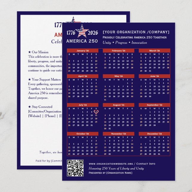 America 250 Patriotic Blue 2026 Calendar Card (Front/Back)