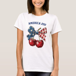 America 250 Patriotic Cherry Vintage US Flag Bow T-Shirt
