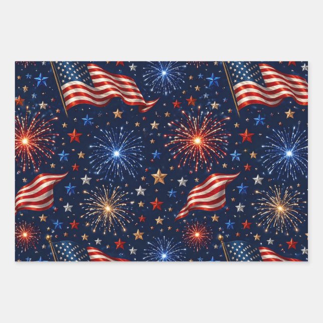 America 250 Patriotic Fireworks Flag Pattern Wrapping Paper Sheet (Front)