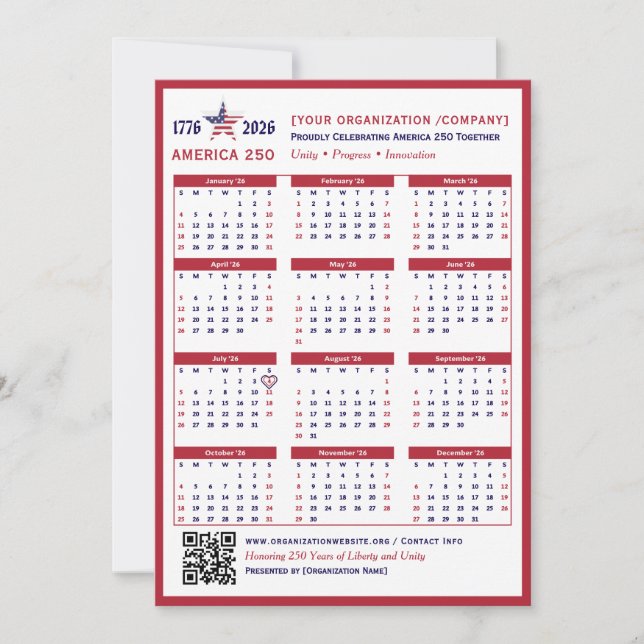 America 250 Patriotic Red 2026 Calendar Card (Front)