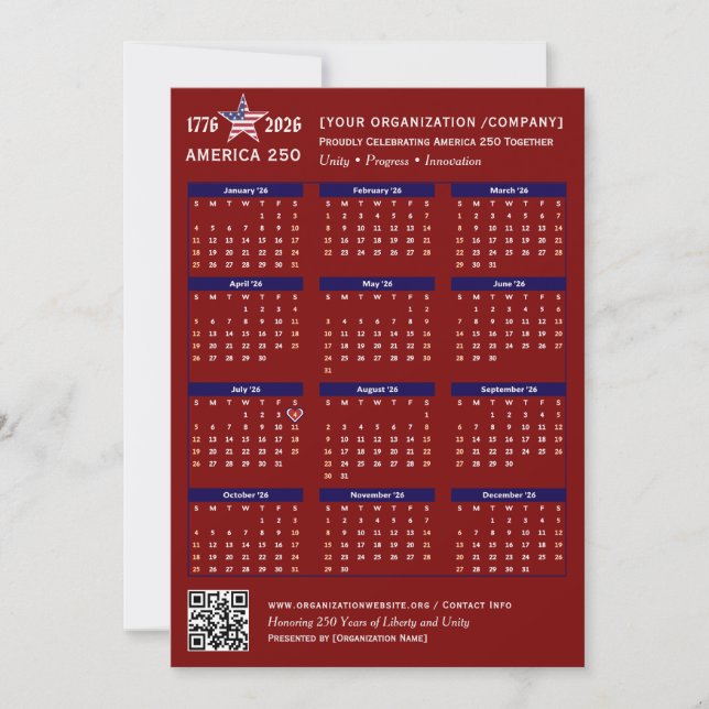 America 250 Patriotic Red 2026 Calendar Card (Front)