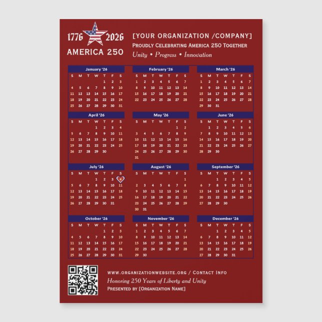 America 250 Patriotic Red 2026 Calendar Keepsake (Front)