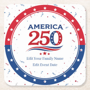 AMERICA 250 - Personalised Reunion Red White Blue Square Paper Coaster