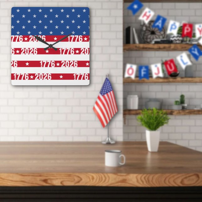 America 250 Stars & Stripes 1776 2026 Numbers Square Wall Clock (Creator Uploaded)