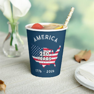 America 250 Years 1776–2026 USA Map Flag Patriotic Paper Cups
