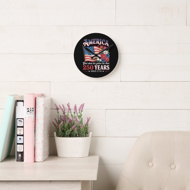 America 250 Years Flag Floral Round Clock (Reading Room)