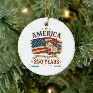 America 250 Years Since 1776 Patriotic Floral Flag Ceramic Tree Decoration