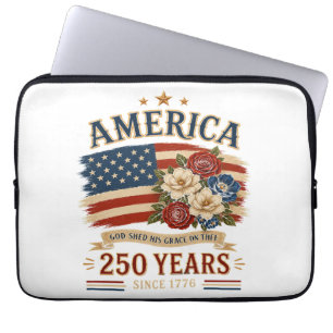 America 250 Years Since 1776 Patriotic Floral Flag Laptop Sleeve