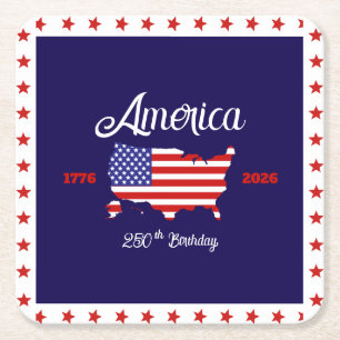 America 250th Birthday Patriotic Square Paper Coaster