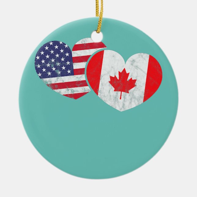 America Canada Heart Flag American Canadian Ceramic Tree Decoration (Front)