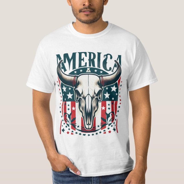 America Cow Skull 4th of July Flag T-Shirt (Front)