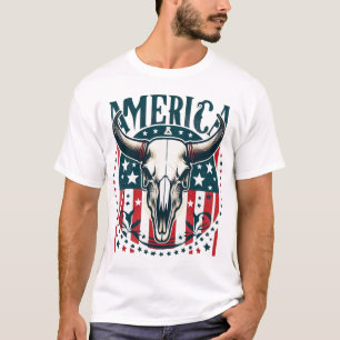 America Cow Skull 4th of July Flag  T-Shirt