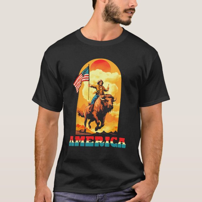 America Dude Riding On A Buffalo Drinking Beer Wit T-Shirt (Front)