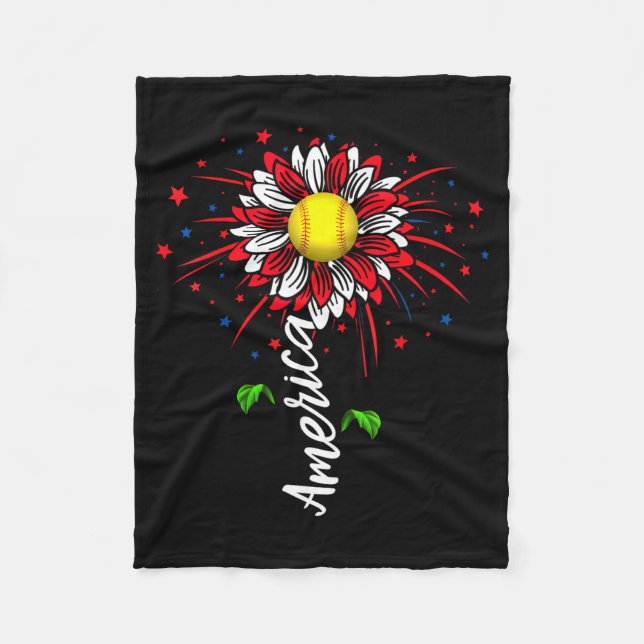 America Fireworks Flower Softball Independence Day Fleece Blanket (Front)