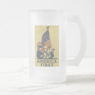 America First American Flag Patriots Vintage Text Frosted Glass Beer Mug