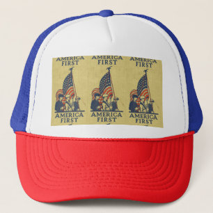 America First American Flag Patriots Vintage Text Trucker Hat