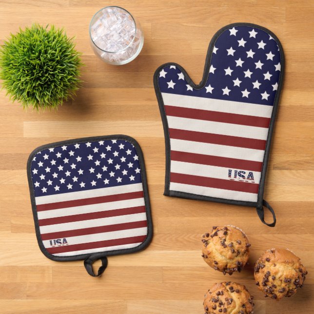  America Flag American USA  Pattern  Oven Mitt & Pot Holder Set (Top Down)