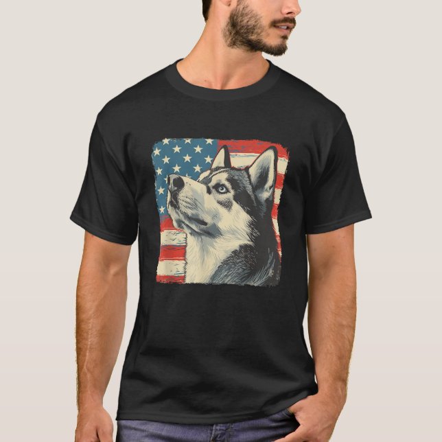 America Flag Fourth of July Siberian Husky Dog Sun T-Shirt (Front)