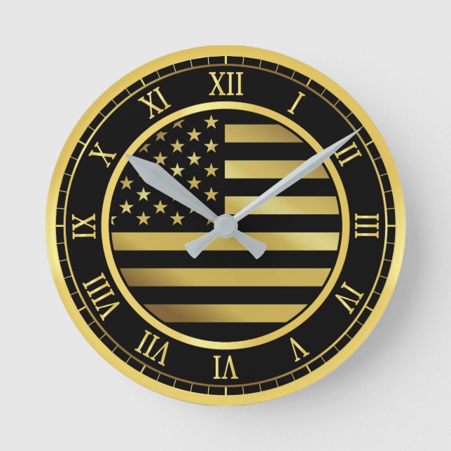 America Flag Gold Round Clock (Front)