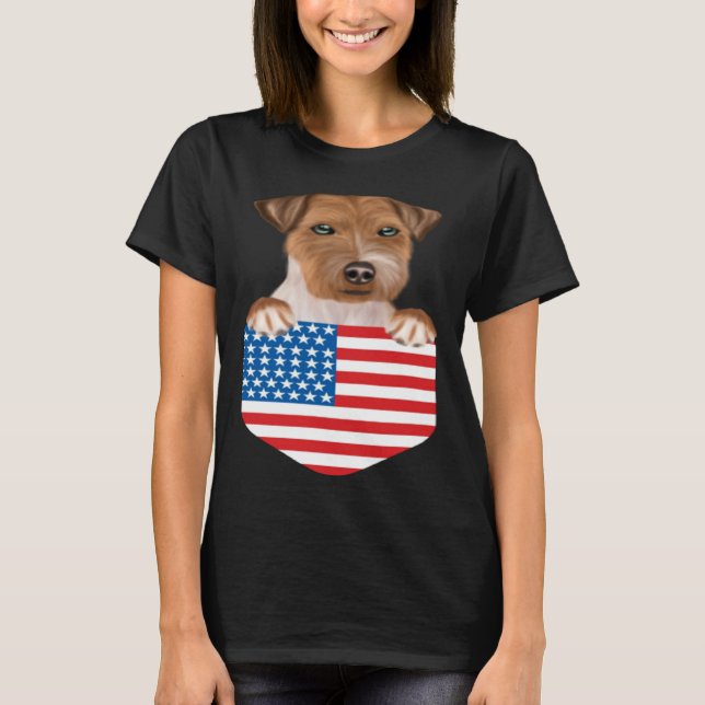 America Flag Russell Terrier Dog In Pocket T-Shirt (Front)