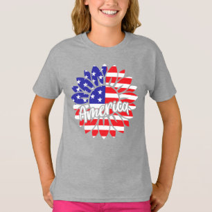 America Flag Sunflower Design T-Shirt