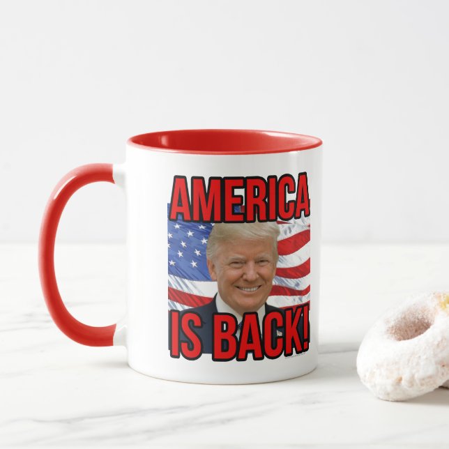 America is Back Donald Trump American Flag SOTU Mug (With Donut)