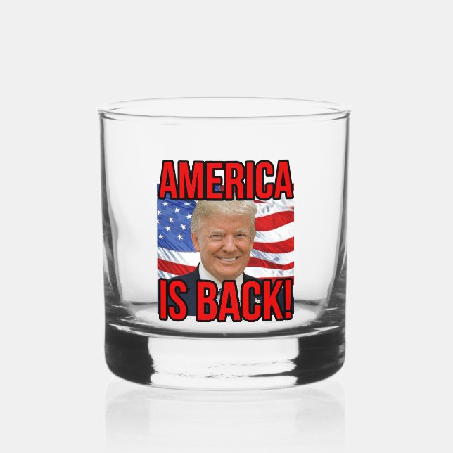 America is Back Donald Trump American Flag SOTU Whiskey Glass (Back)