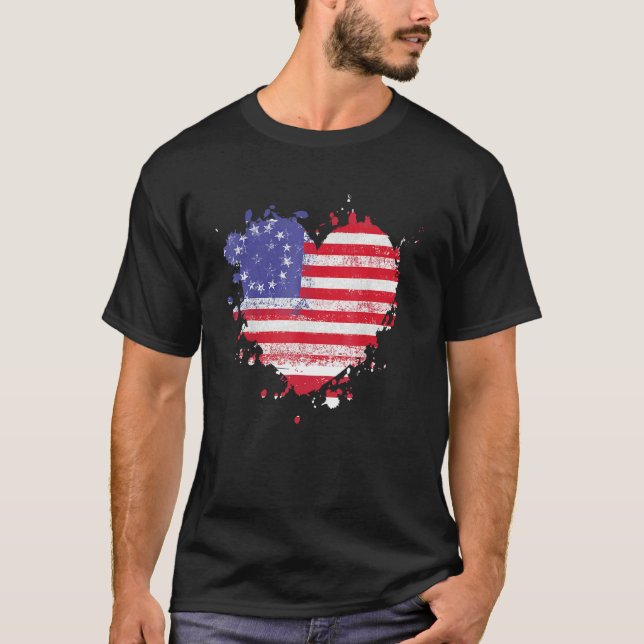 America Love Flag USA Heart 4th Of July American P T-Shirt (Front)