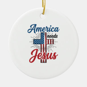 America Needs Jesus Patriotic Cross Shirt Design_1 Ceramic Tree Decoration
