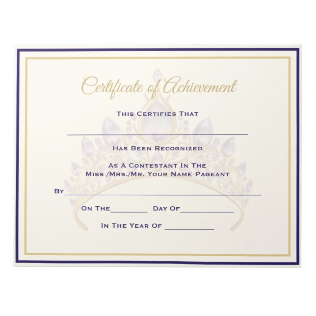 America Pageant Crown Certificate Achievement Awrd Notepad (Front)