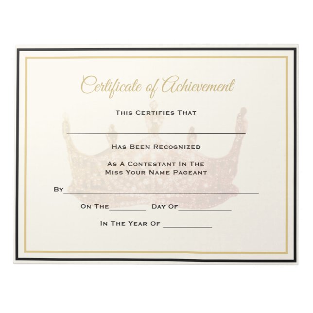 America Pageant Crown Certificate Achievement Awrd Notepad (Front)