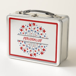 America Red White Blue Fireworks Personalised Metal Lunch Box