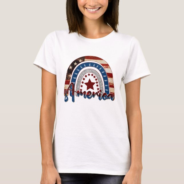 America Red White Blue Star Patriotic Flag Rainbow T-Shirt (Front)