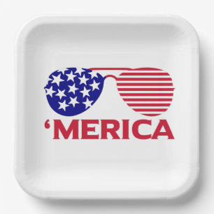 America Red White Blue Sunglasses Paper Plate