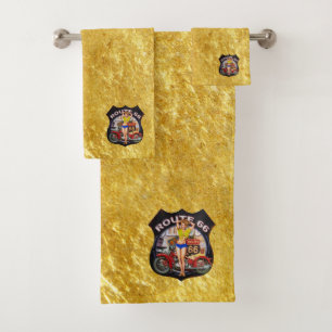 America route 66 motorcycle With a gold texture Bath Towel Set