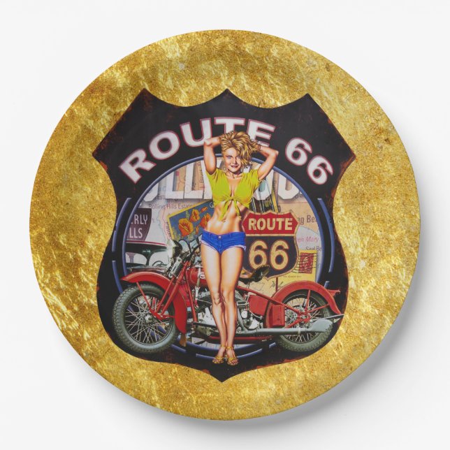 America route 66 motorcycle with a gold texture paper plate (Front)
