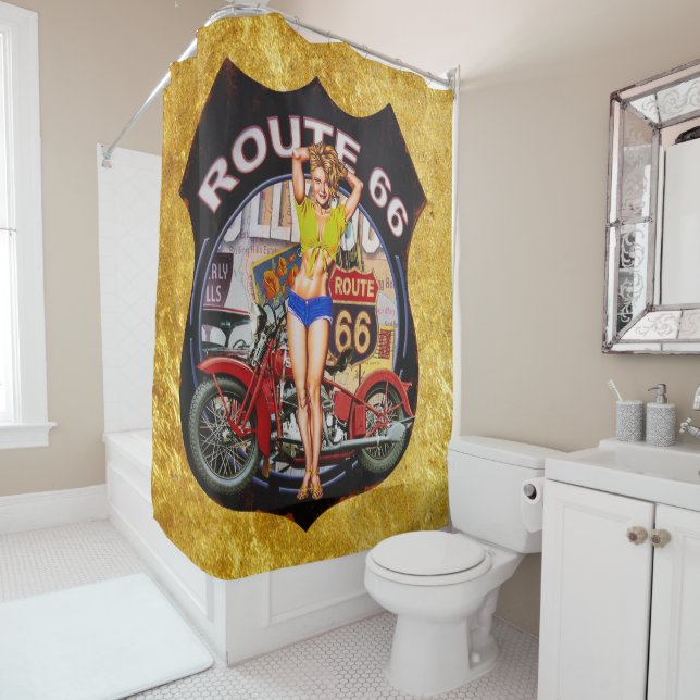 America route 66 motorcycle With a gold texture Shower Curtain (In Situ)