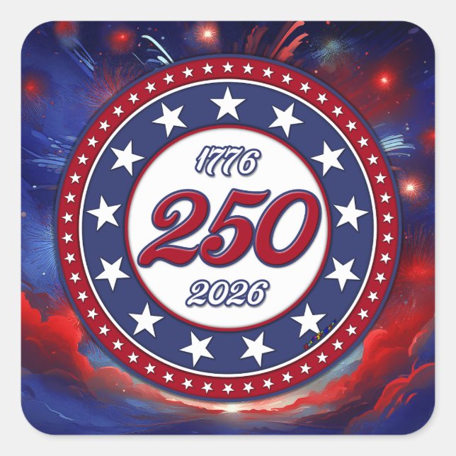 America’s 250th B-day Graphic Fireworks Clouds RWB Square Sticker (Front)