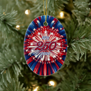 America’s 250th Birthday 1776-2026 RWB Fireworks Ceramic Tree Decoration