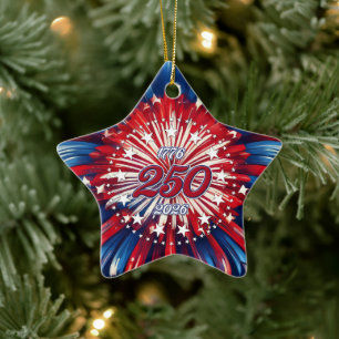 America’s 250th Birthday 1776-2026 RWB Fireworks Ceramic Tree Decoration