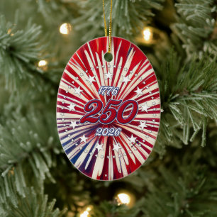 America’s 250th Birthday 1776-2026 RWB Fireworks Ceramic Tree Decoration